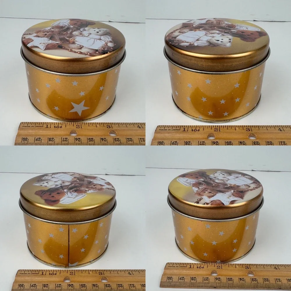Vtg Boyds Bears Small Gold Round Tin w‎ Stars Christmas Peppermint Candles READ